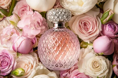 Pink Perfume Bottle Surrounded By Fresh Floral Bouquet