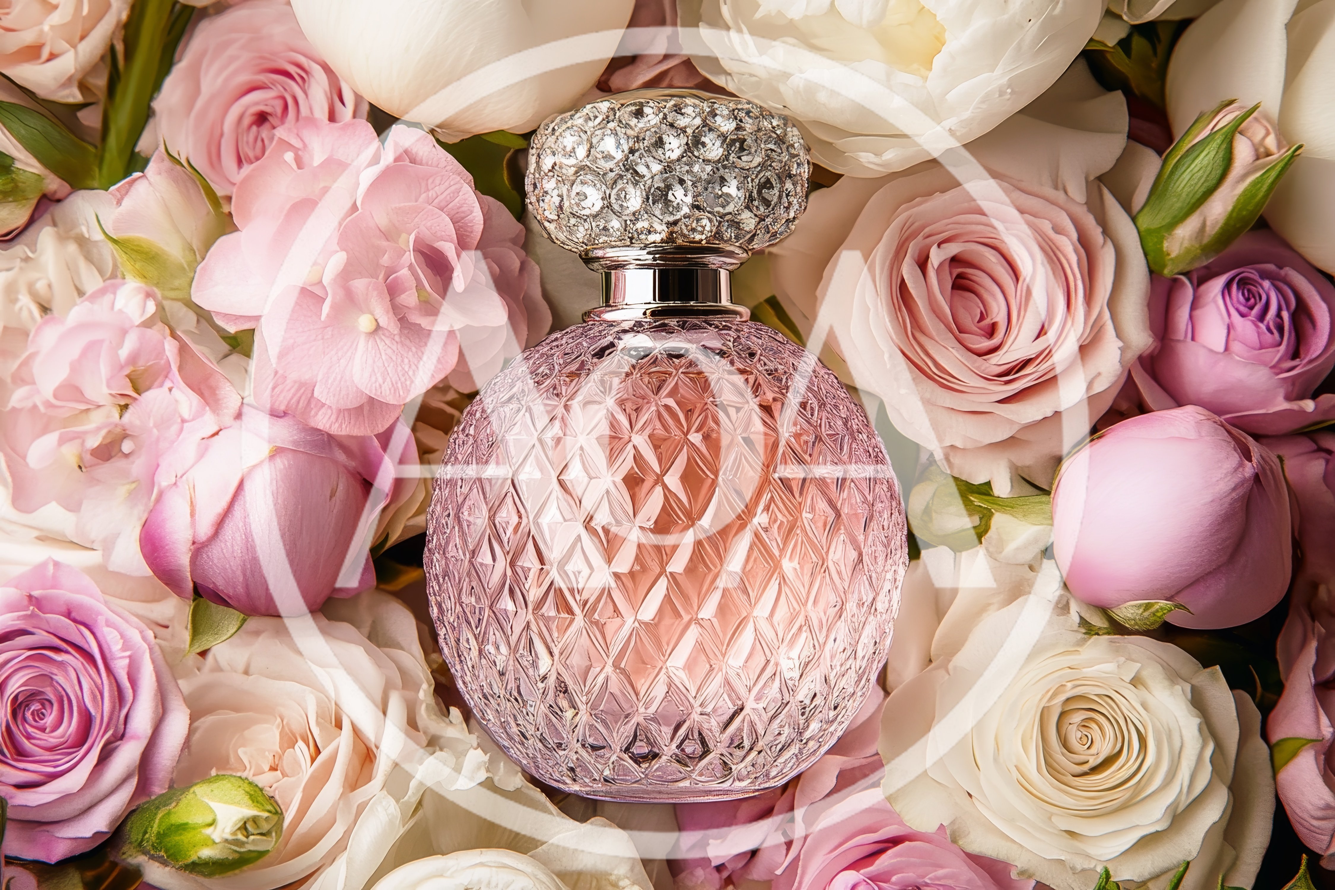Pink Perfume Bottle Surrounded By Fresh Floral Bouquet