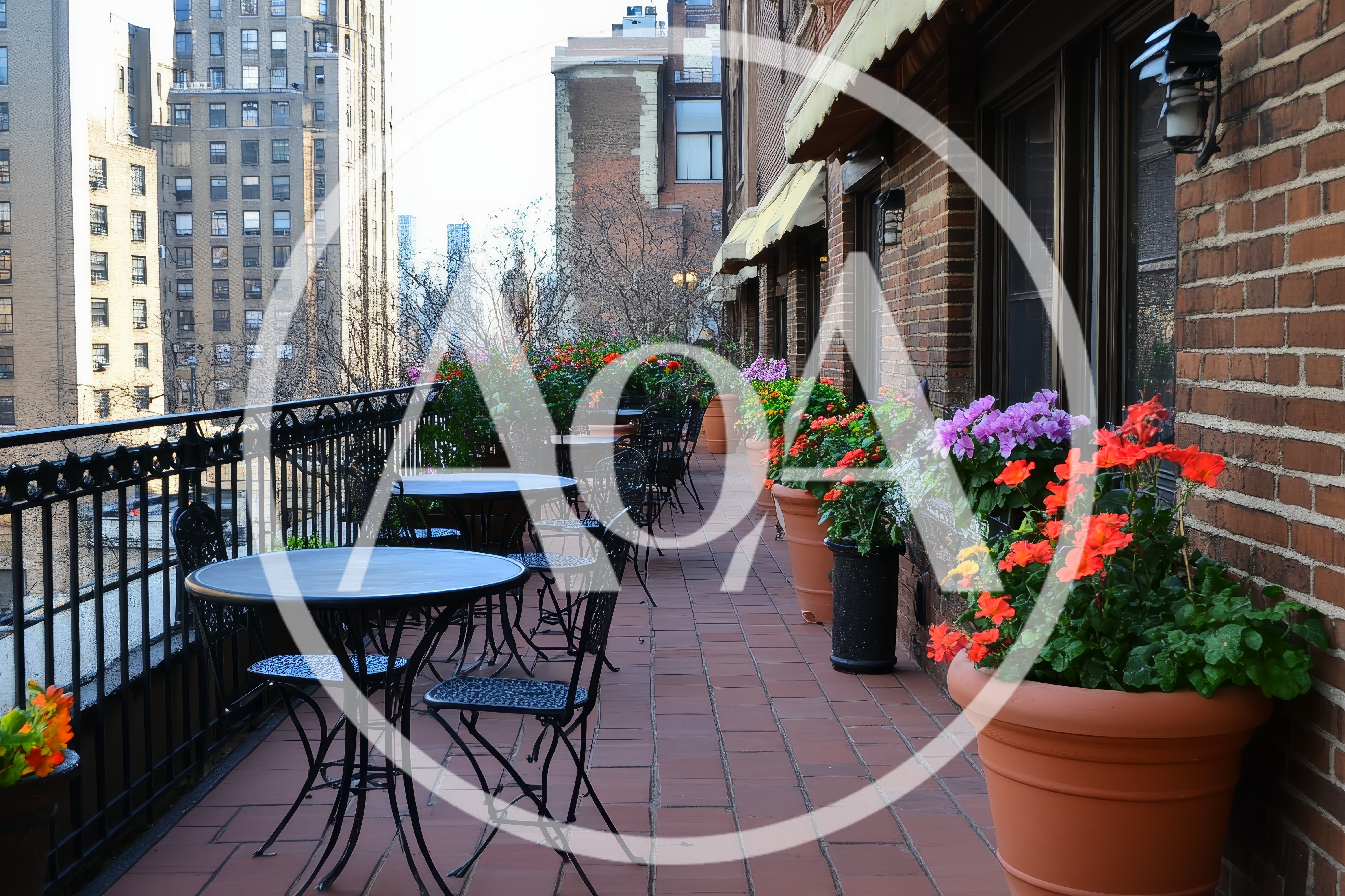 Outdoor Terrace With Potted Flowers And Bistro Tables