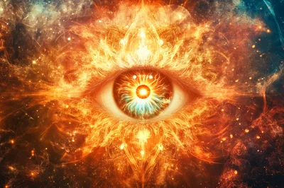 Cosmic Eye Surrounded By Radiant Golden Fire Energy