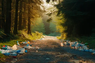 Plastic Waste Littering A Scenic Forest Path