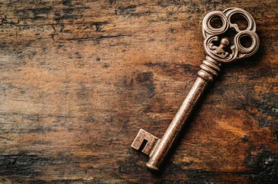 Antique Skeleton Key Resting On Rustic Wooden Surface