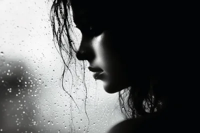 Melancholic Woman Looking Through Rain Streaked Window