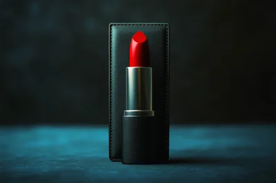 Red Lipstick Standing Against A Leather Case