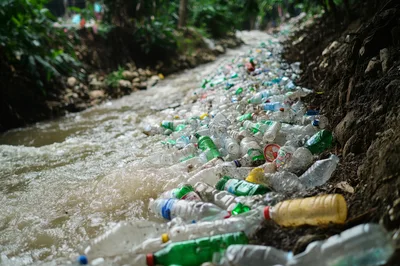 Plastic Bottles Polluting A Flowing Stream