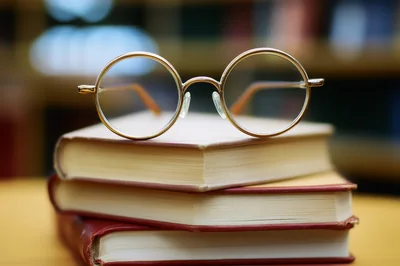 Round Gold Rimmed Glasses Resting On Stacked Books