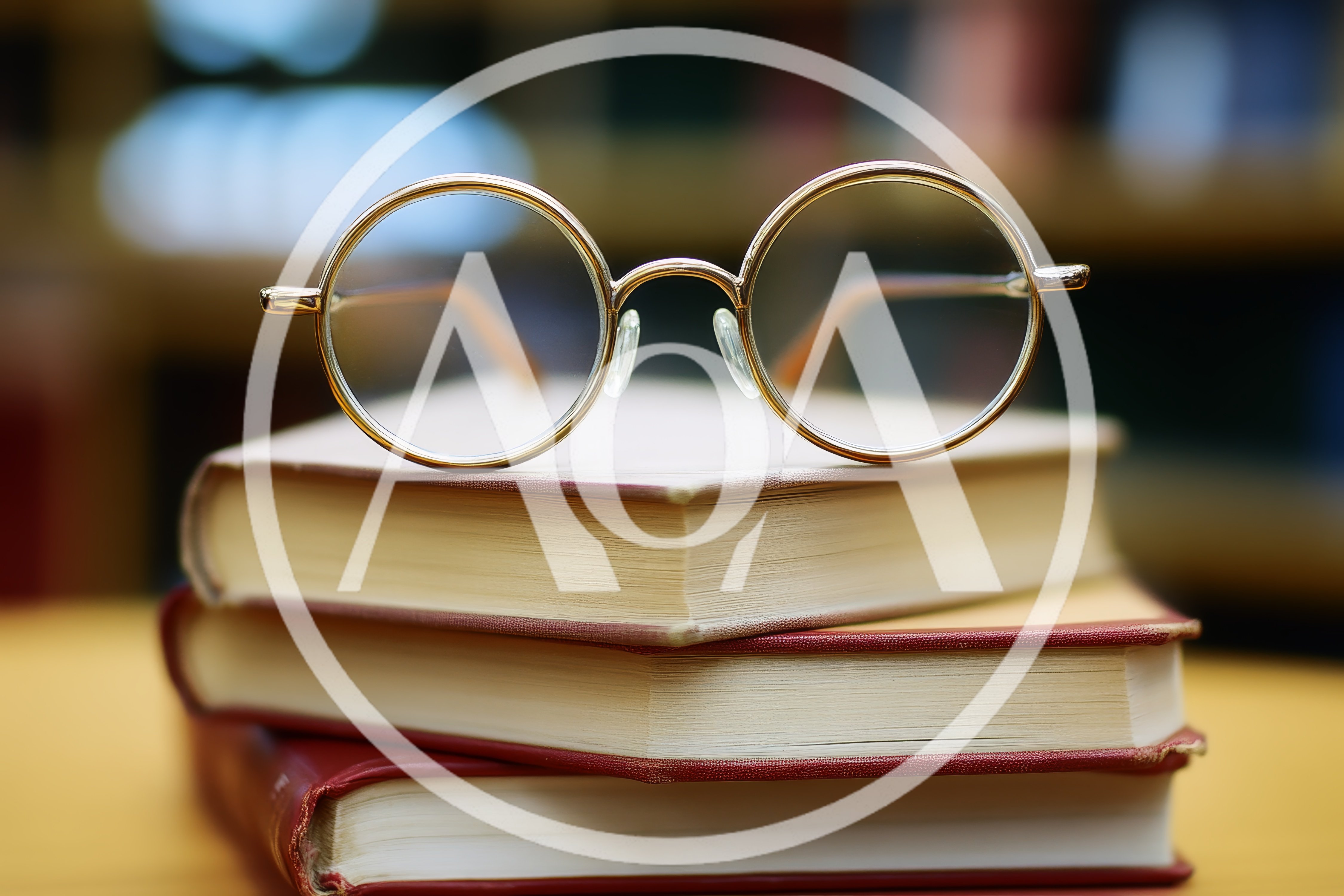 Round Gold Rimmed Glasses Resting On Stacked Books