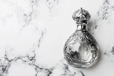 Ornate Silver Perfume Bottle On Marble Surface