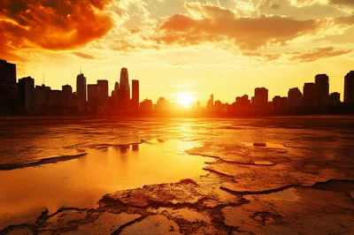 City Skyline Over Dried Cracked Earth At Sunset