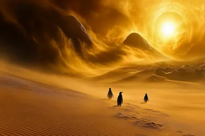 Three Penguins Walking Across A Surreal Golden Desert