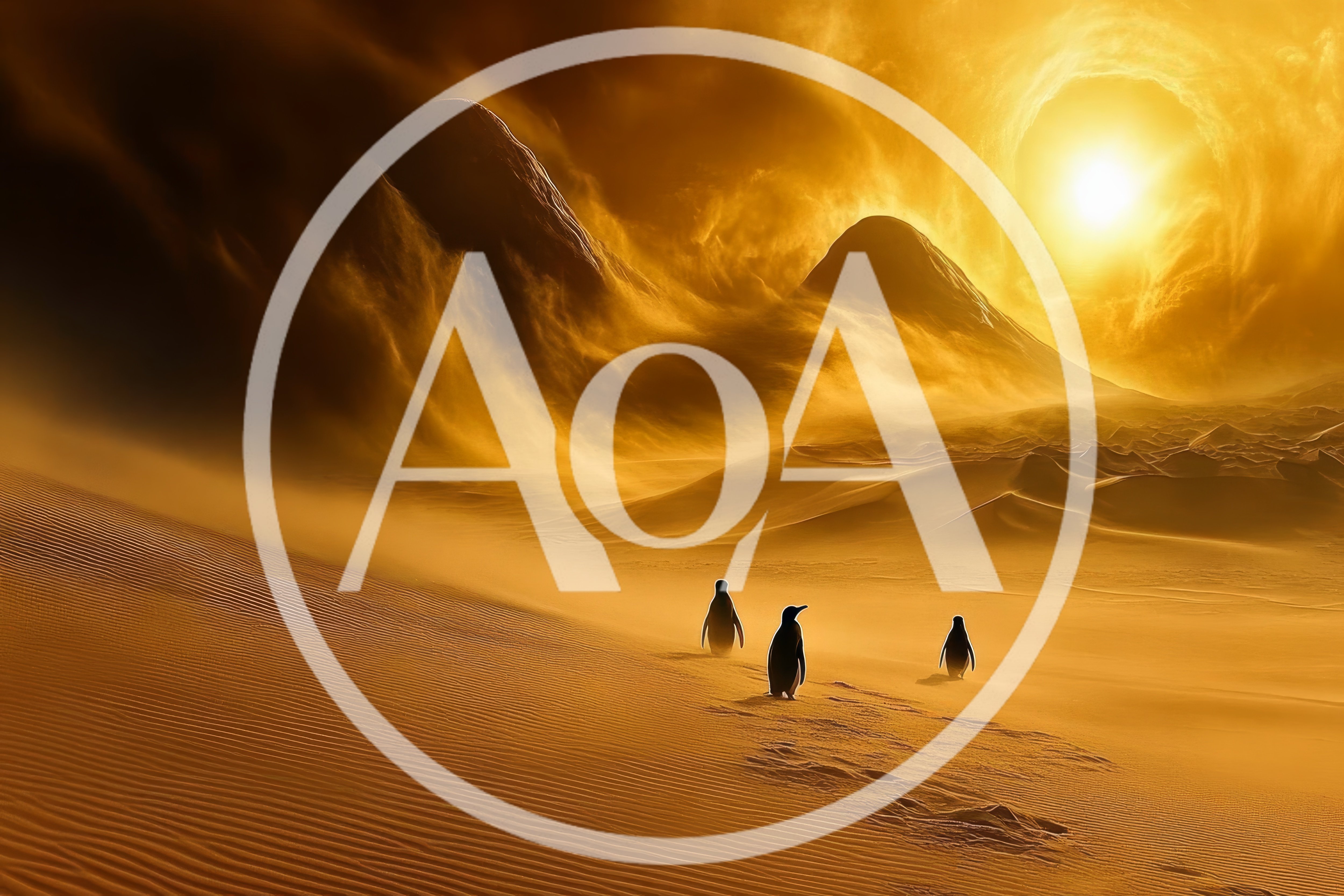 Three Penguins Walking Across A Surreal Golden Desert
