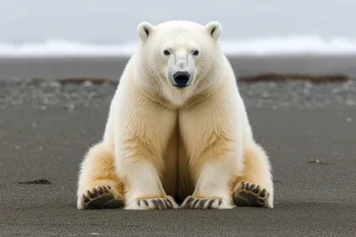 Polar Bear Sitting On A Dark Sandy Beach