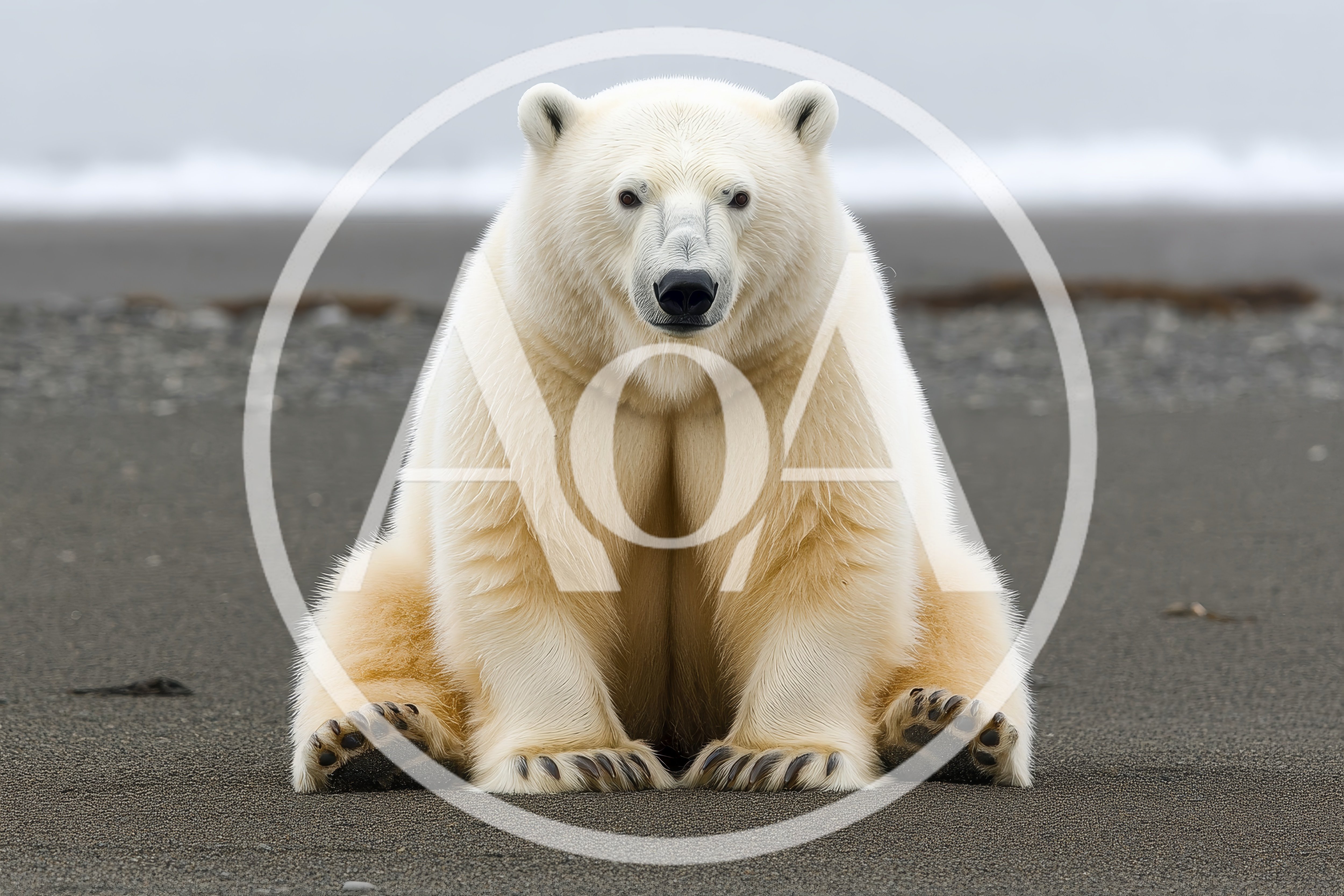Polar Bear Sitting On A Dark Sandy Beach