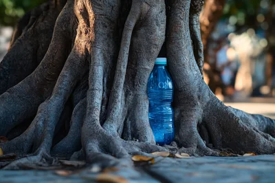 Blue Plastic Water Bottle Nestled Between Tree Roots