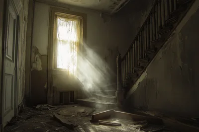 Sunlight Streaming Through Window In Abandoned Dilapidated House