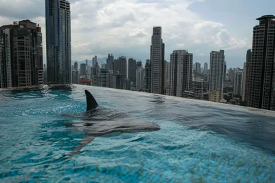 Great White Shark Swimming In Rooftop Infinity Pool