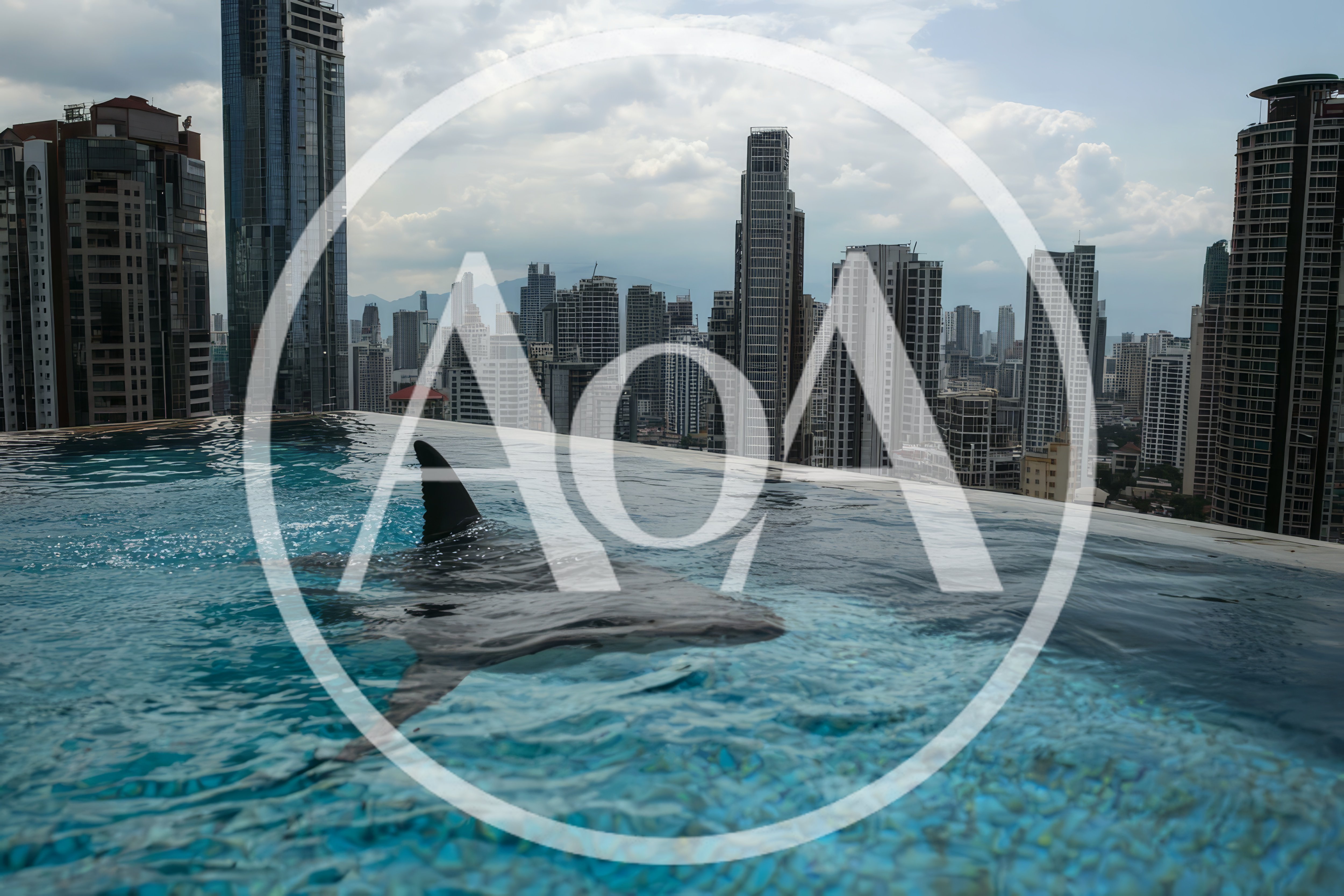 Great White Shark Swimming In Rooftop Infinity Pool
