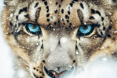 Close Up Portrait Of A Snow Leopard In Snow