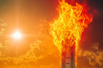 Thermometer Engulfed In Intense Flames Against Sunset Sky