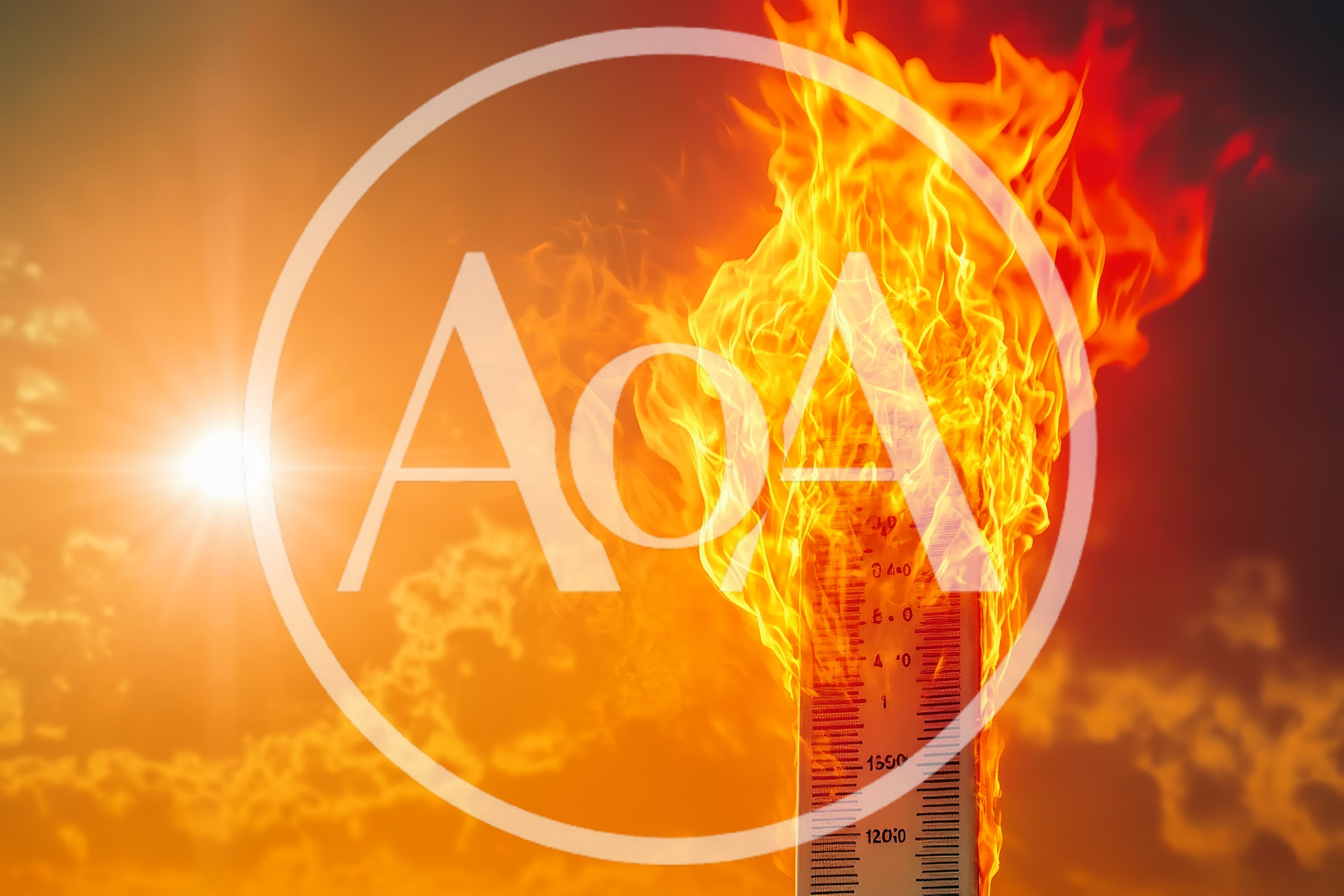 Thermometer Engulfed In Intense Flames Against Sunset Sky