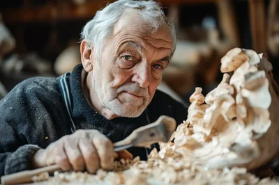 Elderly Woodcarver Working On Intricate Sculpture
