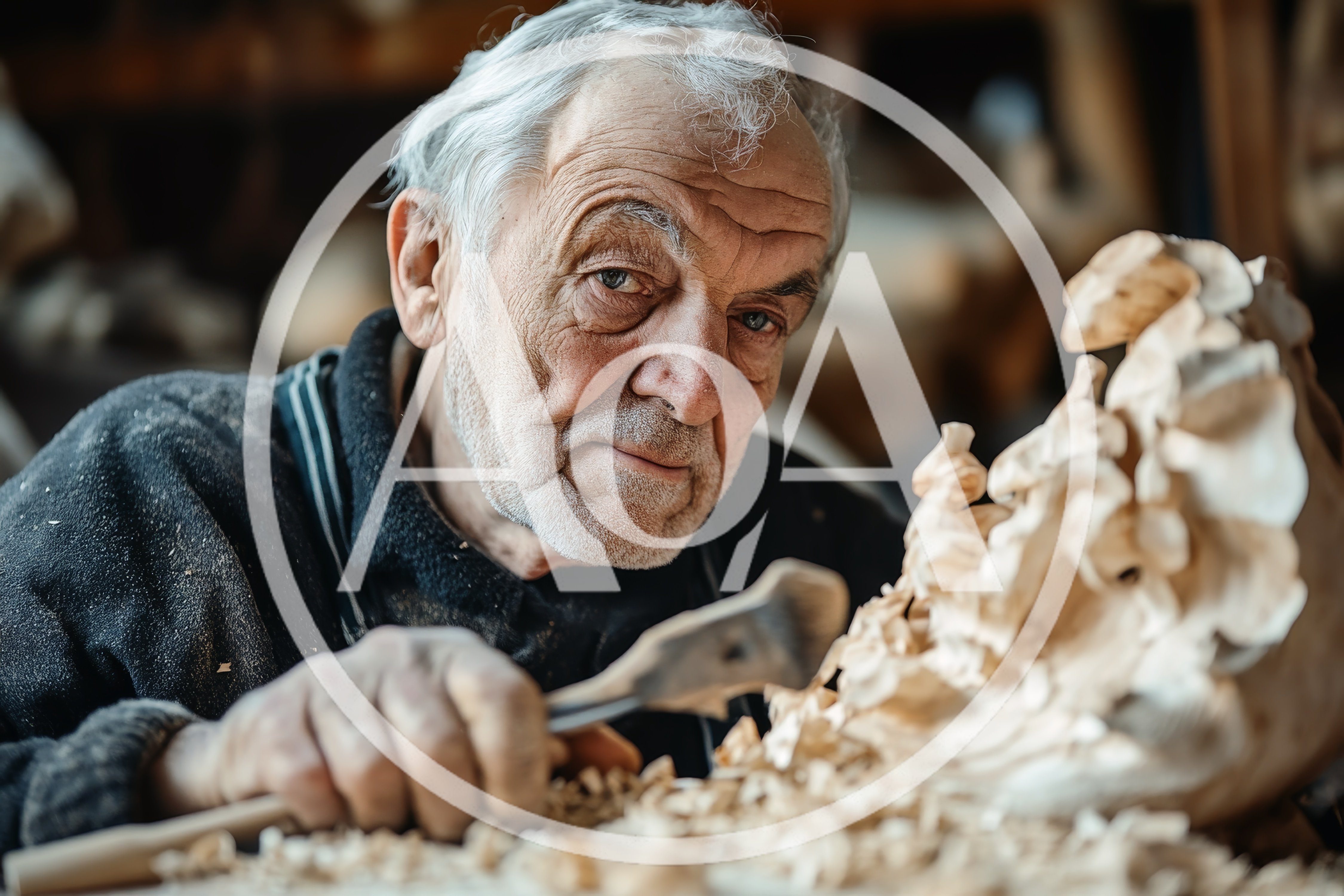 Elderly Woodcarver Working On Intricate Sculpture