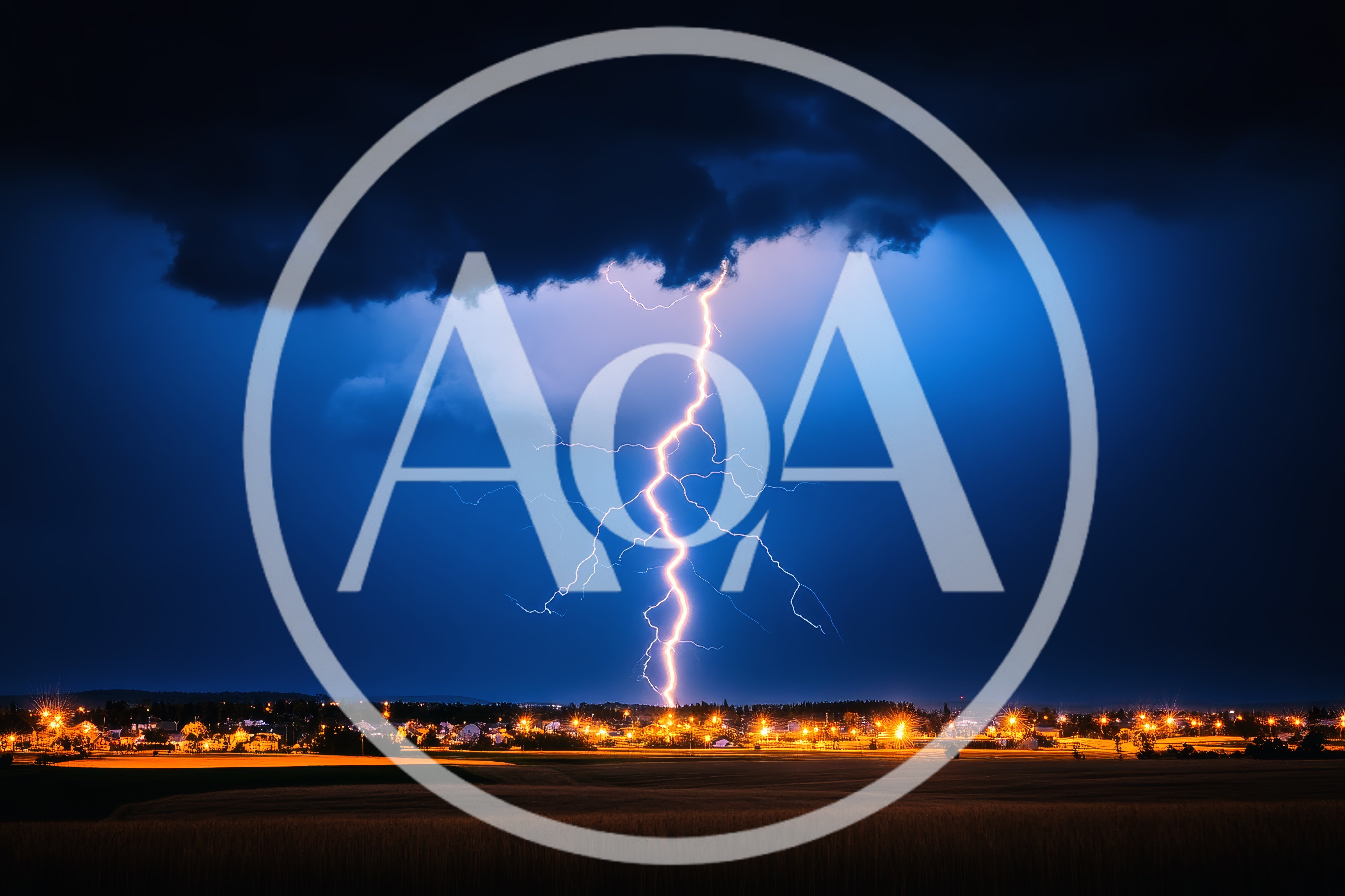Powerful Lightning Strike Over A Suburban Town At Night