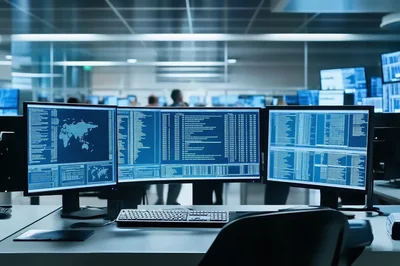 Cybersecurity Operations Center With Multiple Computer Monitors