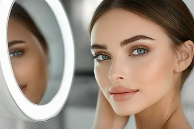 Beautiful Young Woman Looking Into A Lighted Vanity Mirror