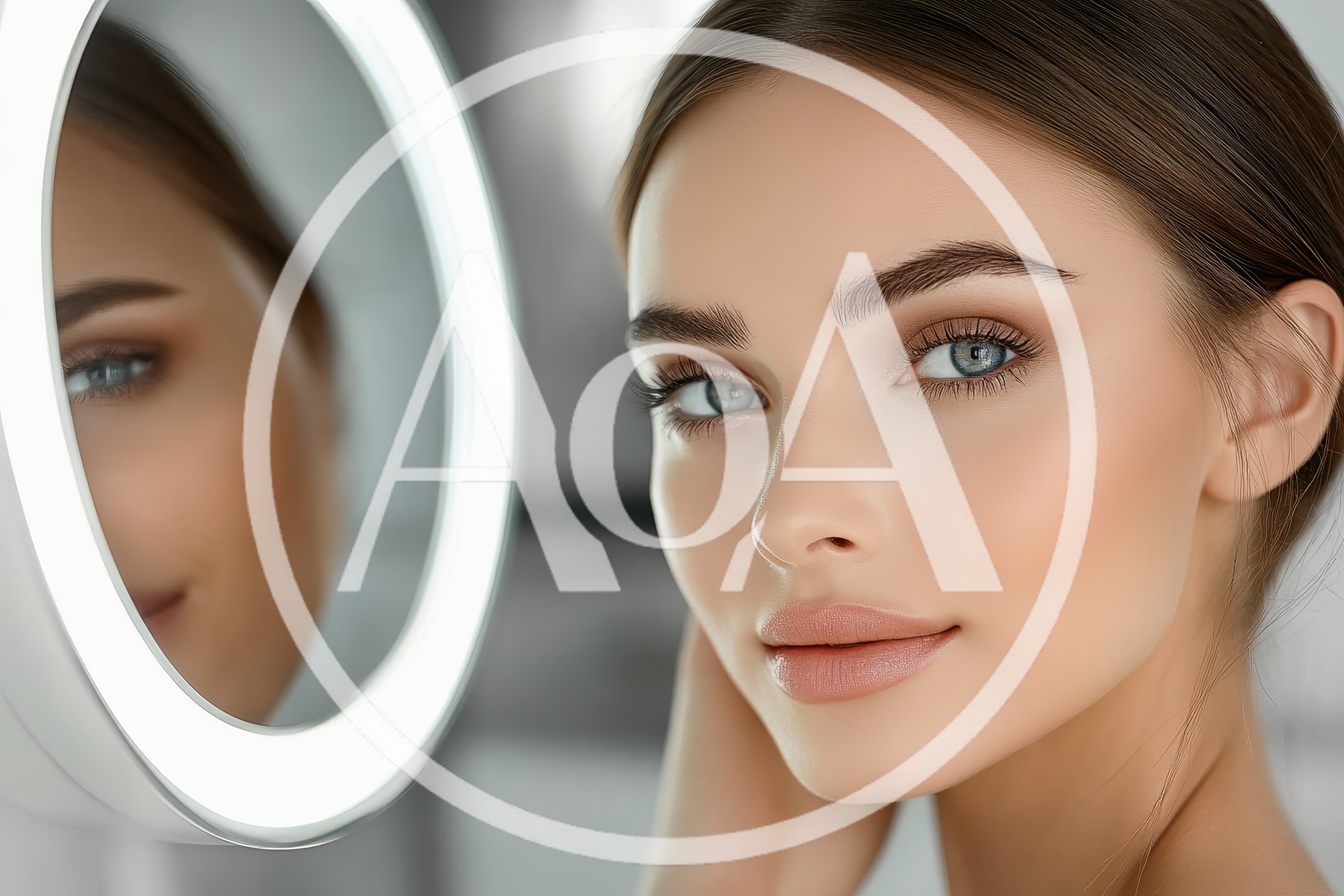 Beautiful Young Woman Looking Into A Lighted Vanity Mirror