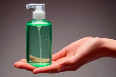 Hand Holding A Bottle Of Green Hand Sanitizer