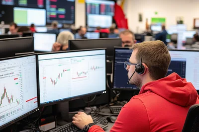 Financial Trader Working At Multiple Computer Monitors