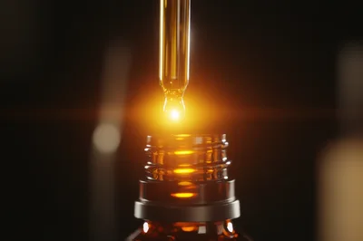 Dropper Dispensing Golden Liquid Into Amber Glass Bottle