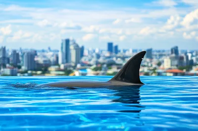Dolphin Fin Breaking Surface In Rooftop Infinity Pool