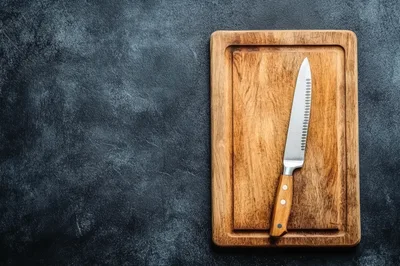 Chef Knife on Wooden Cutting Board