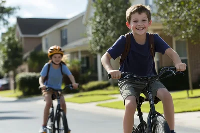 Two Children Riding Bicycles Through A Suburban Neighborhood