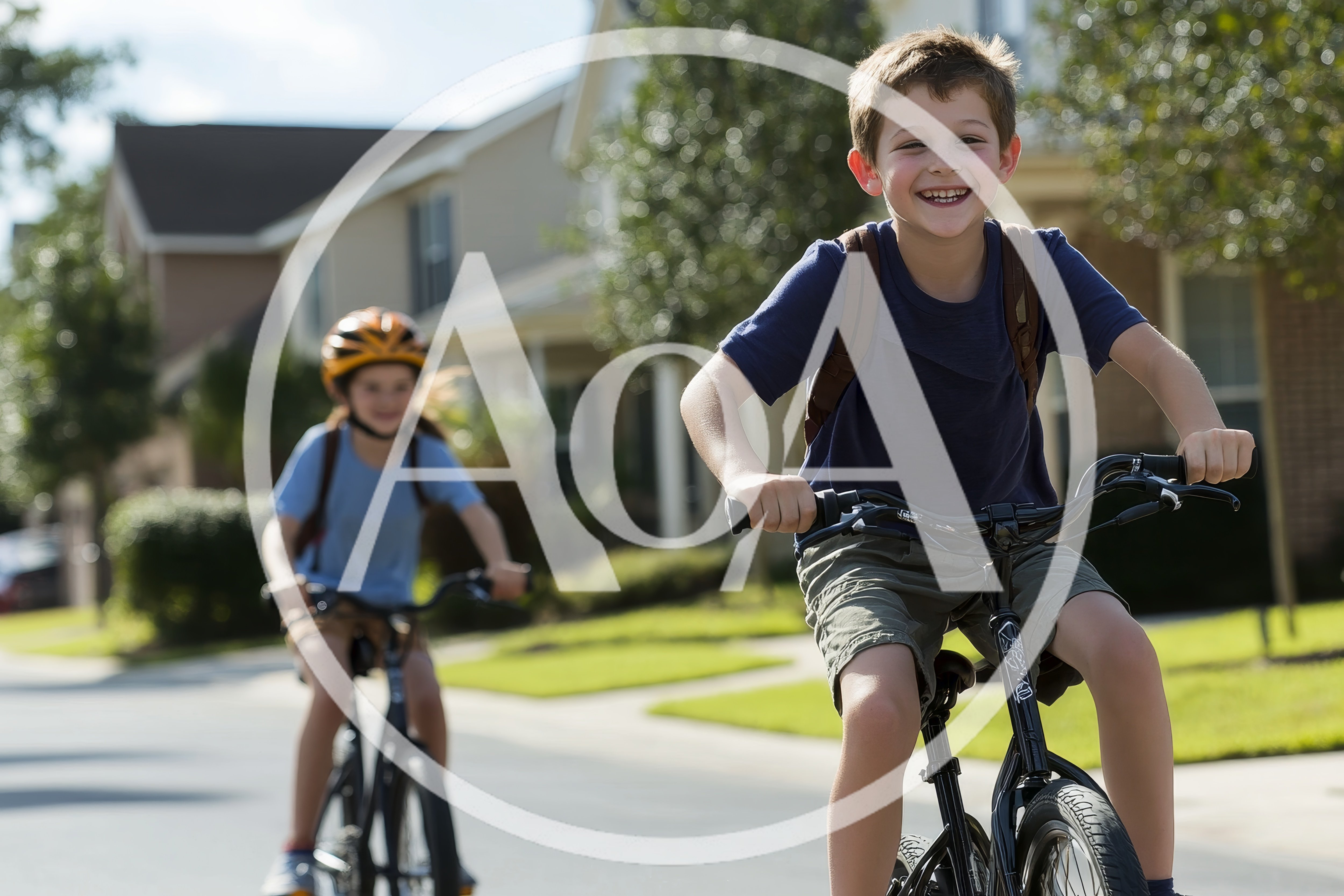 Two Children Riding Bicycles Through A Suburban Neighborhood