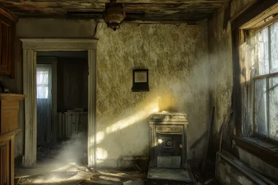 Abandoned Dilapidated Room With Sunlight Streaming Through Window
