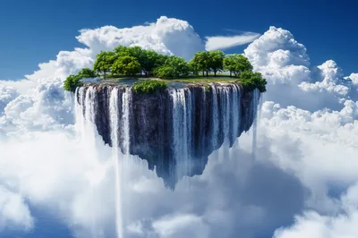 Floating Island With Lush Forest And Cascading Waterfalls