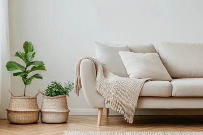 Minimalist Living Room Interior With Beige Sofa And Plants