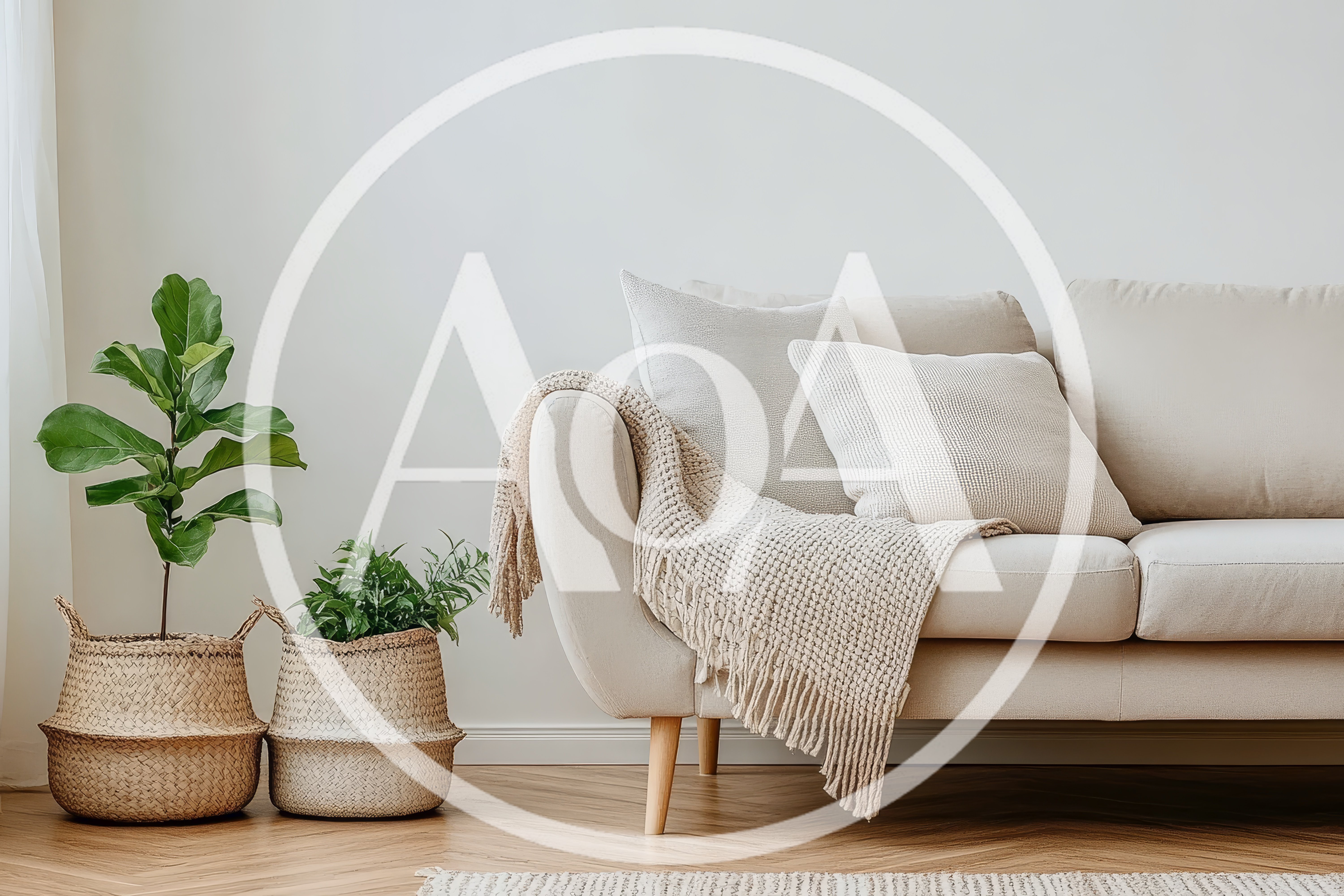 Minimalist Living Room Interior With Beige Sofa And Plants
