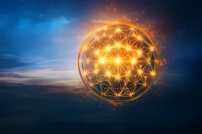 Glowing Golden Sacred Geometry Sphere In Night Sky