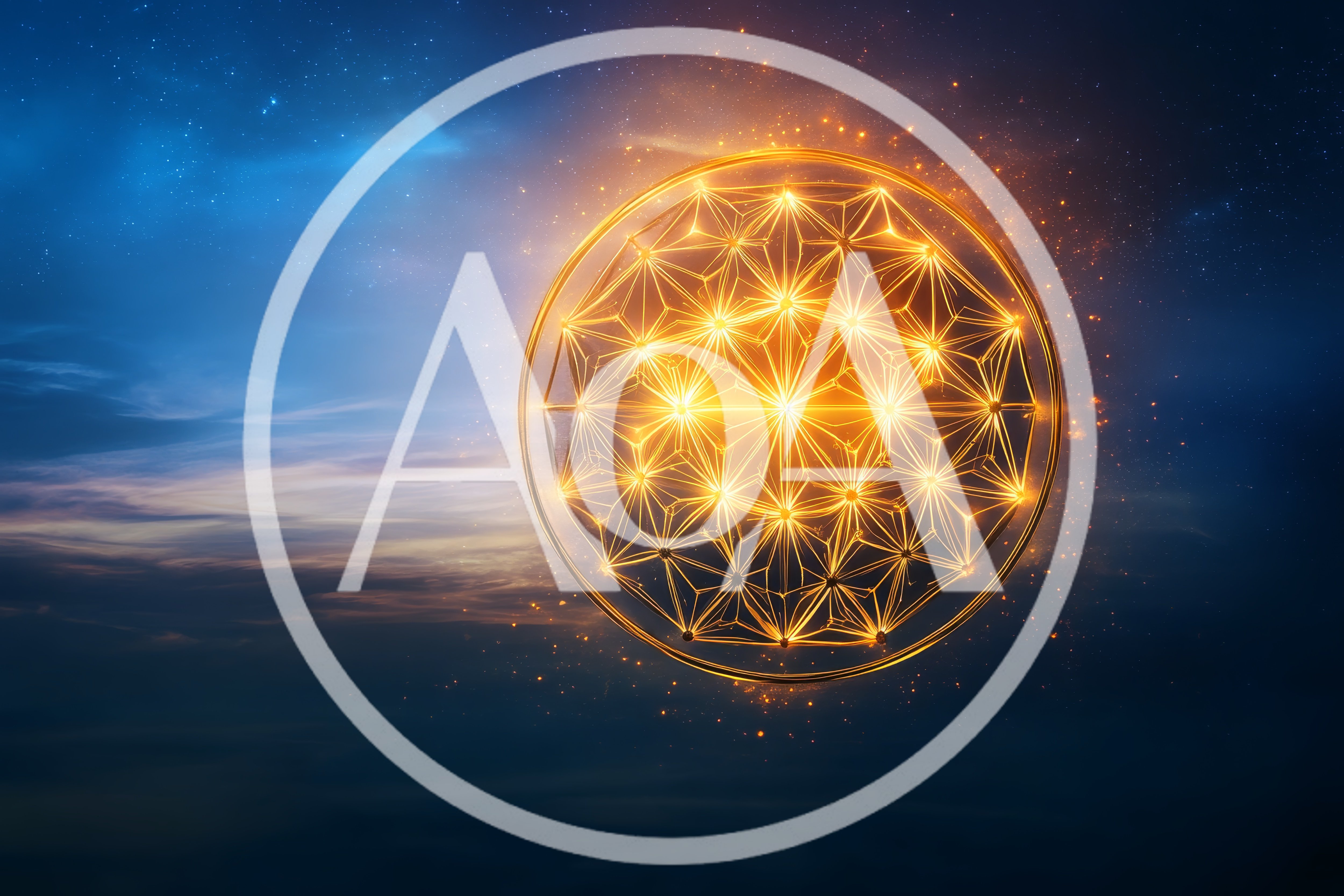 Glowing Golden Sacred Geometry Sphere In Night Sky