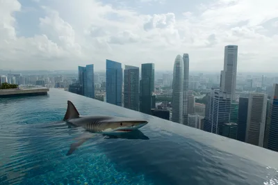 Great White Shark Swimming In Rooftop Infinity Pool
