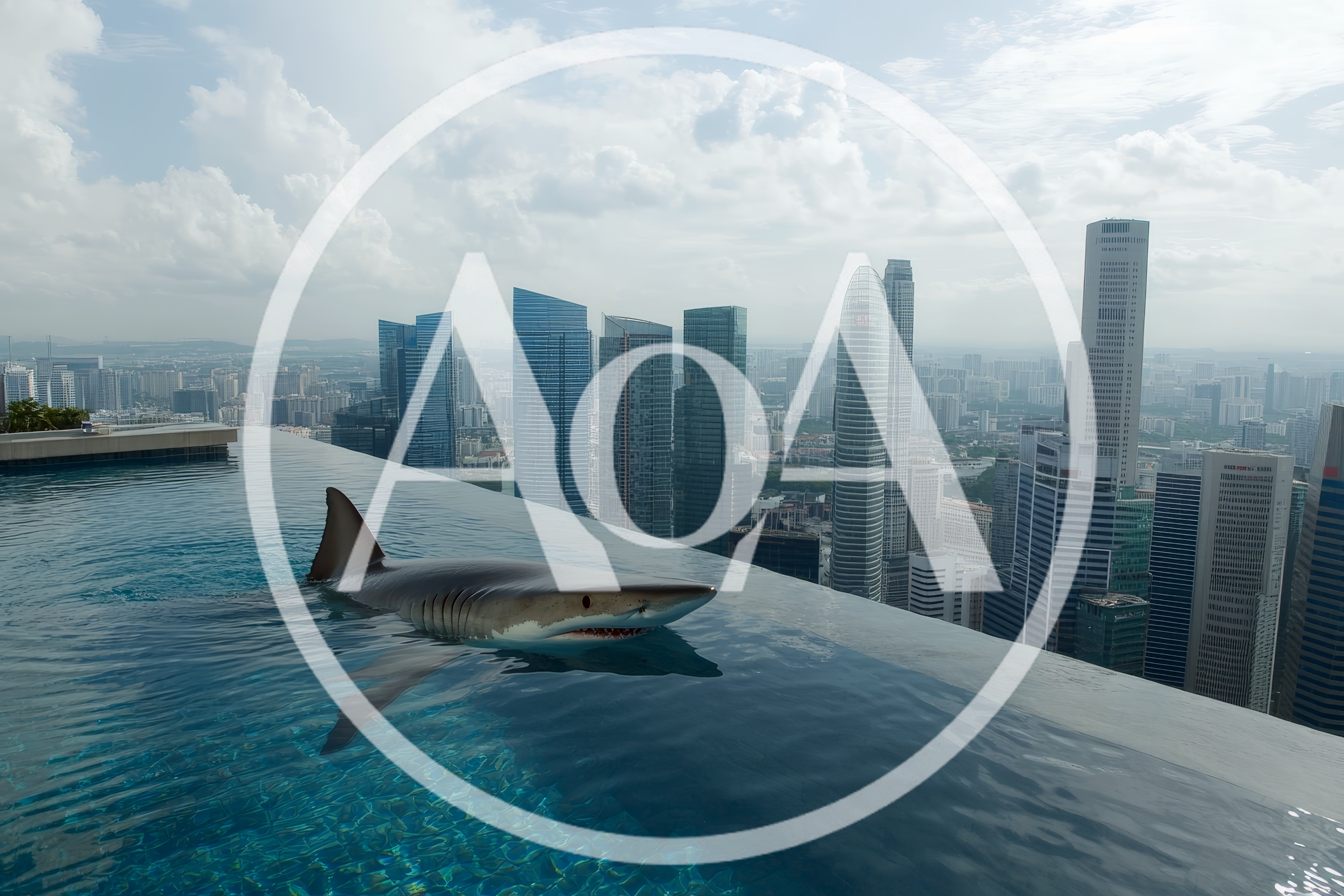 Great White Shark Swimming In Rooftop Infinity Pool