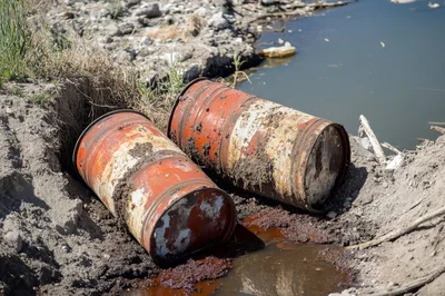 Two Rusty Metal Barrels Polluting A Riverbank