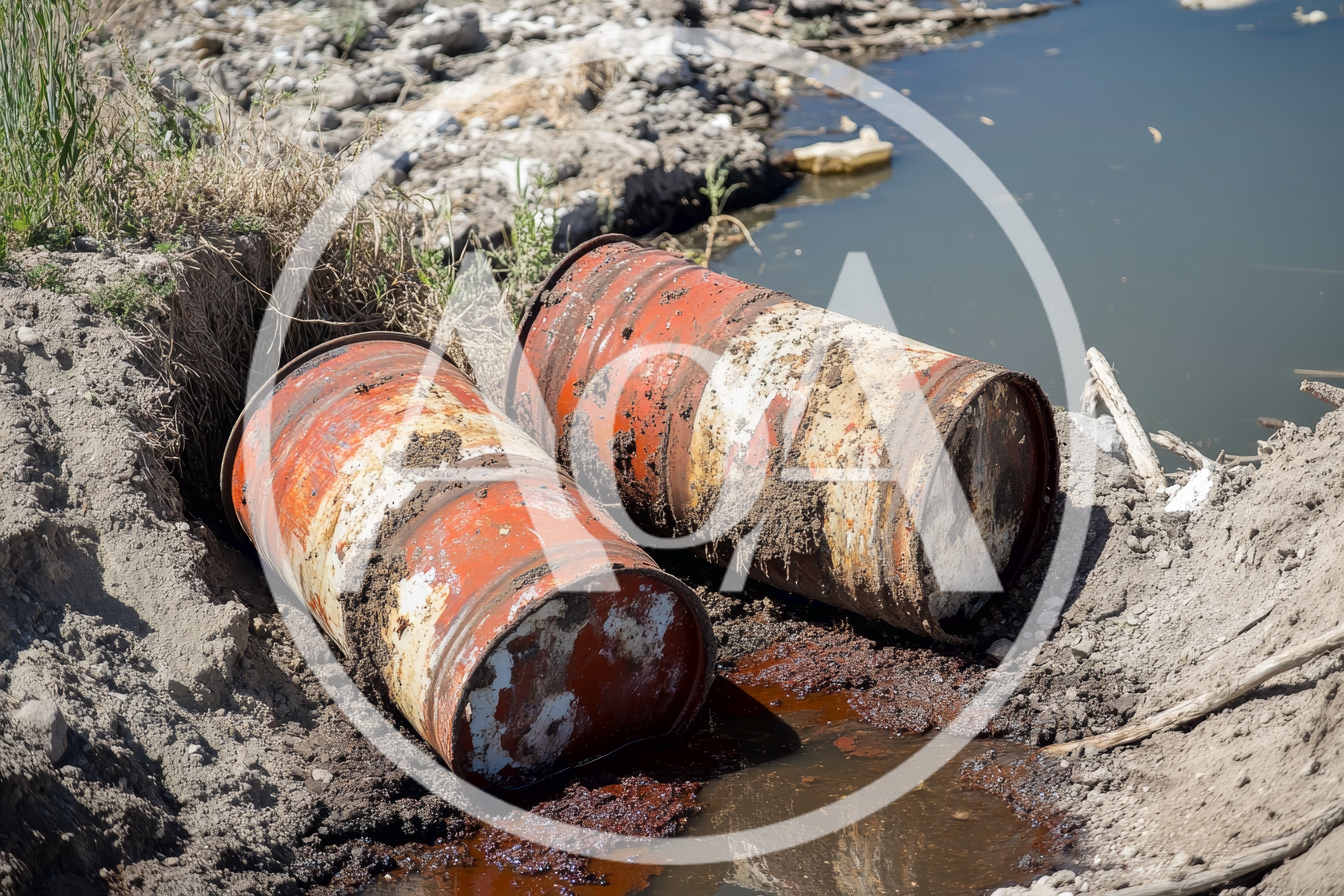 Two Rusty Metal Barrels Polluting A Riverbank
