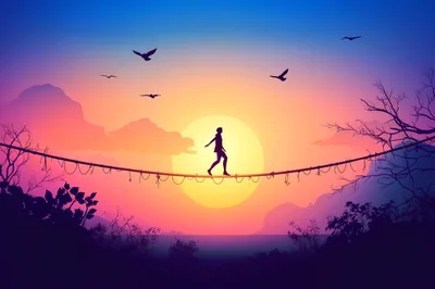 Silhouette Of A Person Walking On A Tightrope
