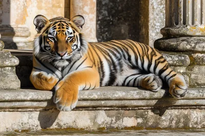 Majestic Tiger Resting on Ancient Stone Steps