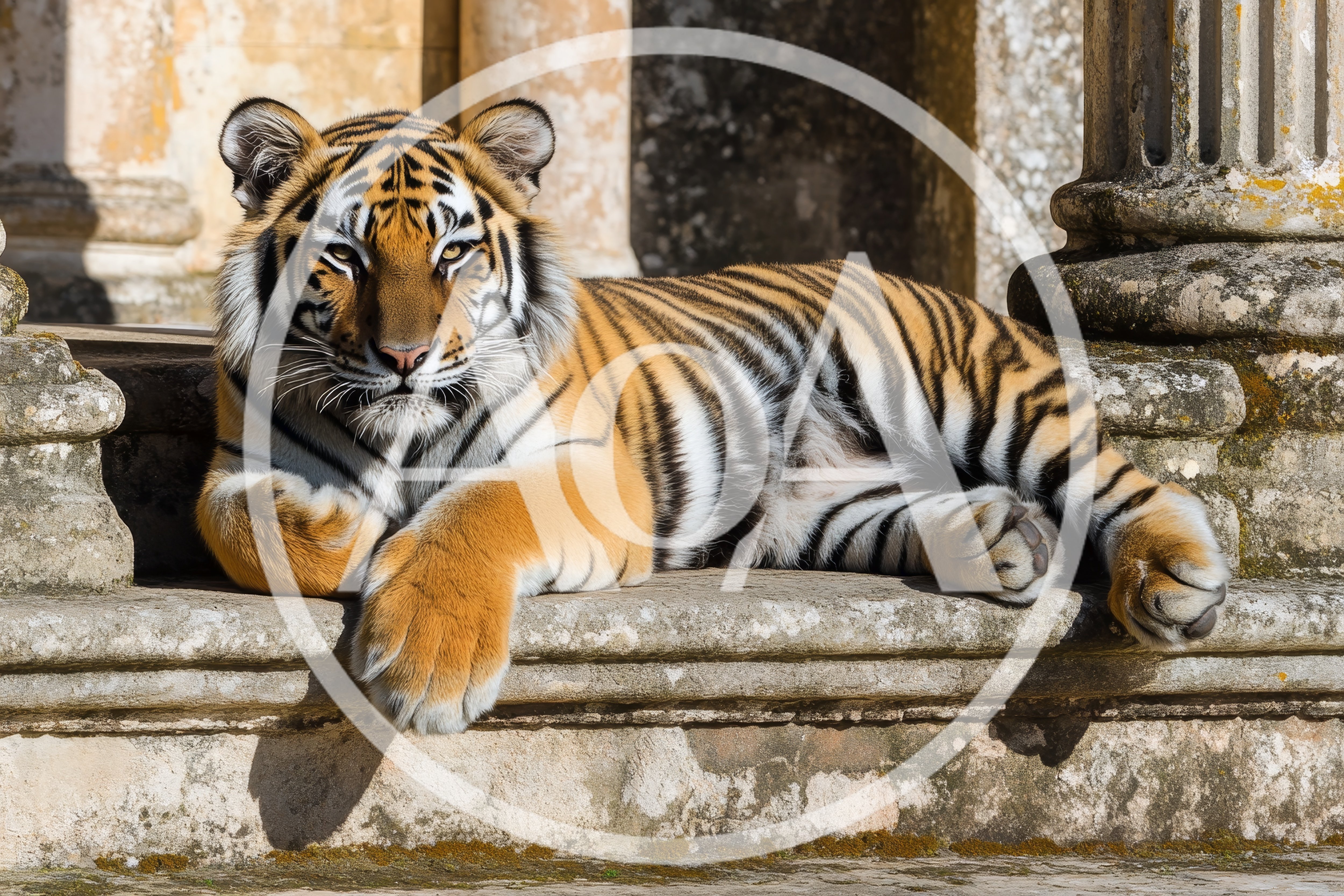 Majestic Tiger Resting on Ancient Stone Steps